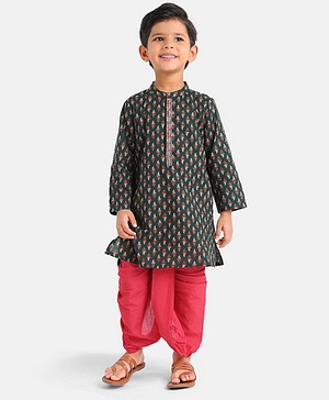Babyhug Full Sleeves Kurta and Dhoti Set Printed - Dark Green