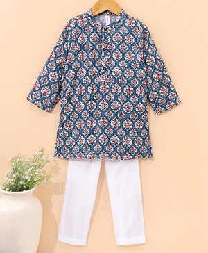 Babyhug Full Sleeve Cotton Printed Kurta Pyjama  Set - Turquoise Blue