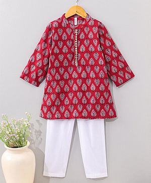 Babyhug Cotton Full Sleeves Kurta Pyjama Set Leaf Print - Red