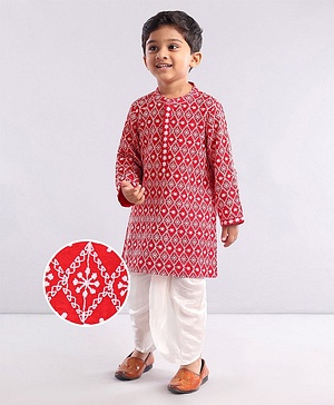 Babyhug Full Sleeve Cotton Thread Embrodered Kurta Pyjama  Set - Red