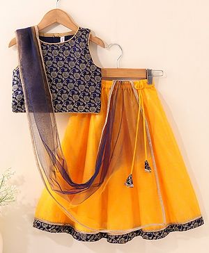 Babyhug Sleeveless Embroidered Choli Lehenga And Dupatta - Blue Yellow