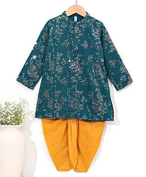 Babyhug Full Sleeves Solid Kurta Dhoti Set All Over Sequins - Blue Yellow
