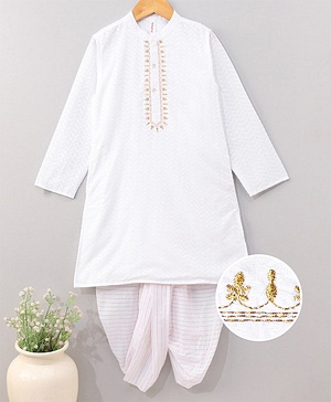 Babyhug Full Sleeves Embroidered Kurta & Striped Dhoti - White Babyhug Full Sleeves Embroidered Kurta & Striped Dhoti - White