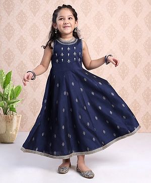 Babyhug Sleeveless Printed Ethnic Dress With Embroidery- Navy Blue