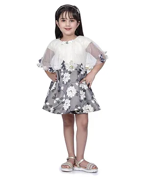 Peppermint Cape Half Sleeves Cape Style Lotus Flower Printed Fit & Flare Dress - Grey