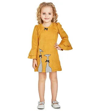Peppermint Layered Bell Full Sleeves Placement Camel Printed Bow Applique Dress - Mustard Yellow