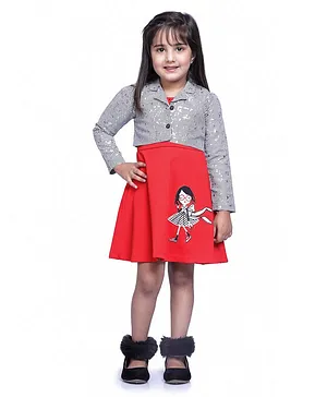 Peppermint Full Sleeves Houndstooth Print Jacket With Girl Patch Detail Dress - Red