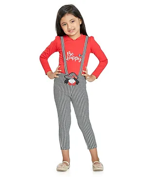 Peppermint Full Sleeves Bow And Girl Patch Embellished Be Happy Print Houndstooth Checkered Jumpsuit - Red