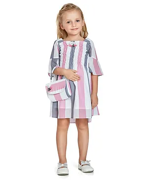 Peppermint Three Fourth Sleeves Smocked Detail Striped Dress With Purse - Pink