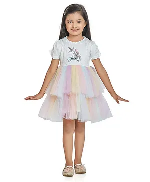 Peppermint Half Sleeves Glittery Unicorn Patch Detail Dress - Multicolor