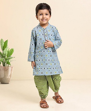 Babyhug Full Sleeves Cotton Printed Kurta & Striped Dhoti Set- Light Blue