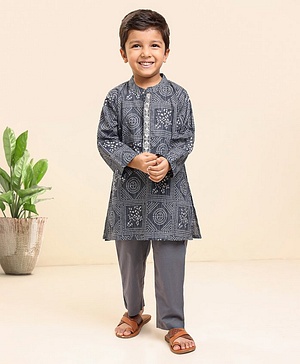 Babyhug Cotton Woven Full Sleeves Kurta & Pajama Set Ethnic Print - Grey