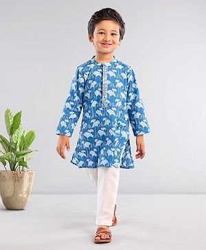 Babyhug Cotton Woven Full Sleeves Kurta With Pyjama Floral Printed- Indigo