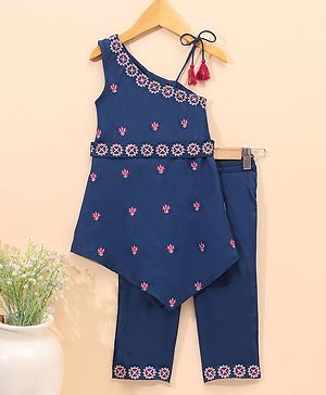 Babyhug Sleeveless Embroided  Kurti and Salwar Set - Navy Blue