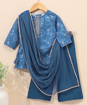 Babyhug Three Fourth Sleeves Embroidered Kurti & Palazo with Dupatta - Blue