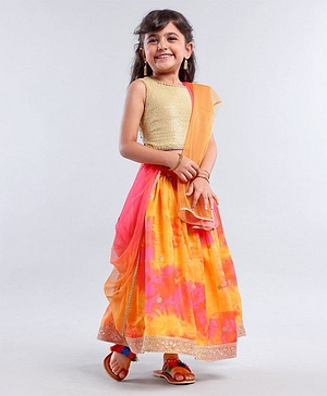Babyhug Sleeveless Choli Lehenga And Dupatta With Embroidery - Yellow Pink Babyhug Sleeveless Choli Lehenga And Dupatta With Embroidery - Yellow Pink