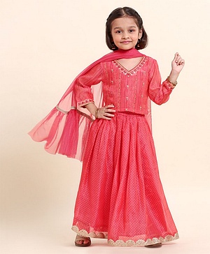 Babyhug Three Forth Sleeves Embroidered Choli Lehenga And Dupatta - Red