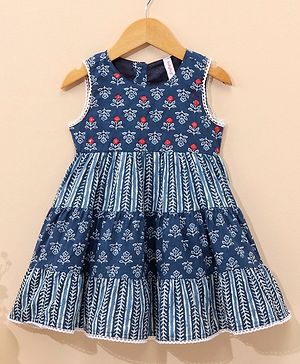 Babyhug Cotton Woven Sleeveless Frock Floral Print - Indigo