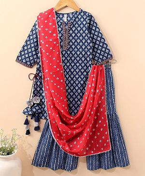 Babyhug Three Fourth Sleeves Kurti & Sharara With Dupatta Printed- Indigo