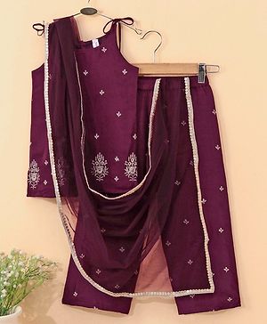 Babyhug Singlet Sleeves Zari Kurti and Sharara Set with Lace and Dupatta Embroided - Purple