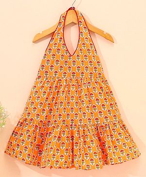 Babyhug Sleeveless Cotton Ethnic Dress Floral Print - Orange