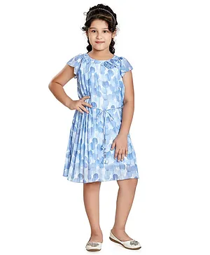 Peppermint Cap Sleeves Circles Print Pleated Party Wear Dress - Blue