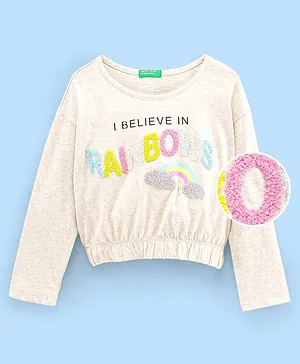 UCB Cotton Full Sleeves Top Rainbow Print with Applique - Beige