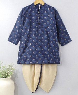 Babyhug Full Sleeves Kurta Dhoti Set All Over Foil Print - Navy Blue Beige