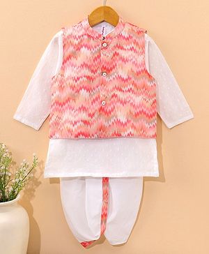 Babyhug Full Sleeves Cotton Kurta & Dhoti Set With Printed Waistcoat- White