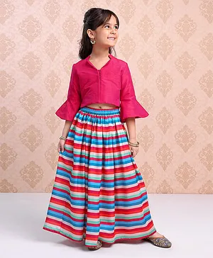 Babyhug Three Fourth Sleeves Woven Solid Ethnic Top & Striped Skirt Set - Multicolor