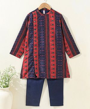 Babyhug Cotton Woven Full Sleeves Kurta & Pyjama Set Printed - Navy Blue