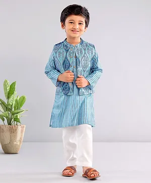 Babyhug Full Sleeves Kurta and Pyjama Set With Jacket Ethnic Print - Blue