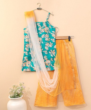 Babyhug Sleeveless Kurti & Palazo With Dupatta Floral Print- Blue Yellow