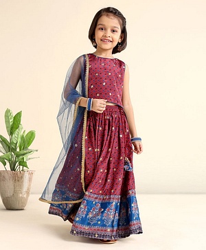 Babyhug Sleeveless Choli Lehenga And Dupatta Printed - Maroon