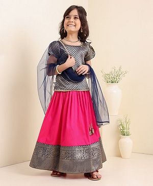 Babyhug Half Sleeves Choli Lehenga And Dupatta Ethnic Printed - Fuschia