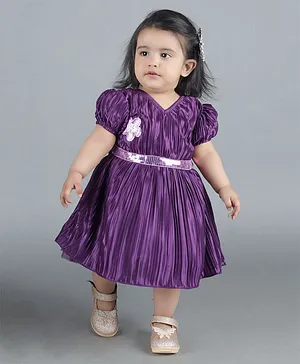 Titrit Half Puffed Sleeves Sequin Embellished Flower Patch Pleated Fit & Flare Party Wear Dress - Purple
