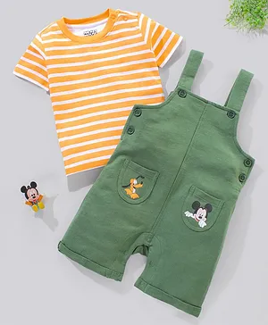 Babyhug 100% Cotton Dungaree and Half Sleeves Striped T-Shirt Set Mickey Mouse Print - Yellow Green