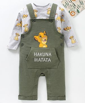 Babyhug Cotton Dungaree With Full Sleeves Inner T-Shirt Set Simba Print - Grey Green