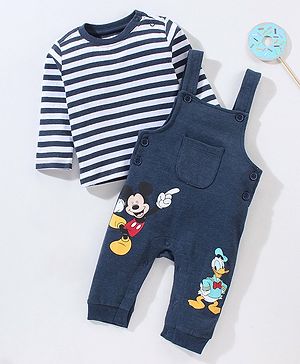 Babyhug Cotton Full Sleeves Striped Tee & Dungaree Set Mickey & Friends Print- Blue