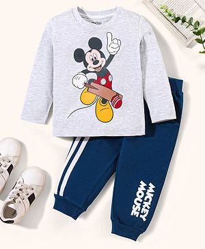 Babyhug 100% Cotton Terry Full Sleeves Mickey Print T-Shirt & Full Length Lounge Pant - Grey & Navy