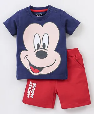 Babyhug 100% Cotton Knit Half Sleeves T-Shirt & Shorts Set Mickey Mouse Print - Navy & Red