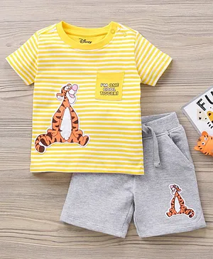 Babyhug Half Sleeves Striped T-Shirt and Shorts Set Tigger Print - Yellow Grey