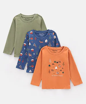 Bonfino Cotton Knit Full Sleeves T-Shirt Tree Print Pack of 3 - Blue Green Orange