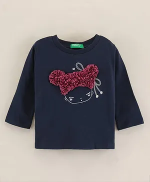 UCB Cotton Full Sleeves T-Shirt Doll Face Print with Applique  - Navy Blue