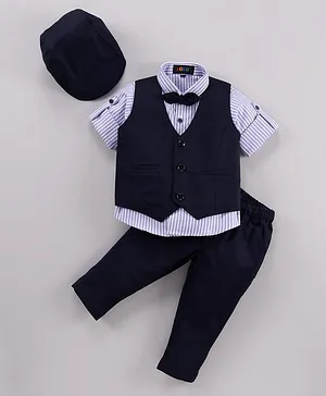 Robo Fry  Full Sleeves 3 Pieces Party Suit With Cap & Bow - Navy Blue