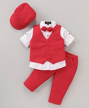 Robo Fry Full Sleeves Solid Party Suit with Bow and Cap - Red