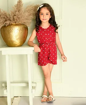 Giggling Giraffe Sleeveless Bow Embellished Polka Dot Mid Thigh Length Jumpsuit - Red
