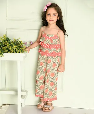 Giggling Giraffe Sleeveless Floral And Dots Printed Ruffled Detail Jumpsuit - Peach