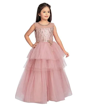 Betty By Tiny Kingdom Sleeveless Sequin Embellished Bodice Layered Tulle Party Wear Gown - Coral
