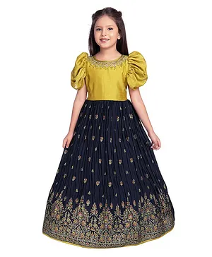 Betty By Tiny Kingdom Half Puffed Sleeves Embellished Neck Ethnic Motif Embroidered Party Wear Gown - Yellow & Navy Blue